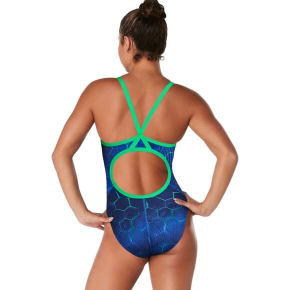 Speedo Endurance + Emerging Force Flyback One Piece Swimsuit Blue Green Size 28 - Picture 7 of 13